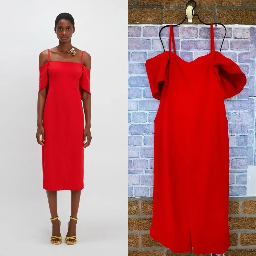 Victoria Beckham Off Shoulder Bandeau Dress in Tomato Red size 8